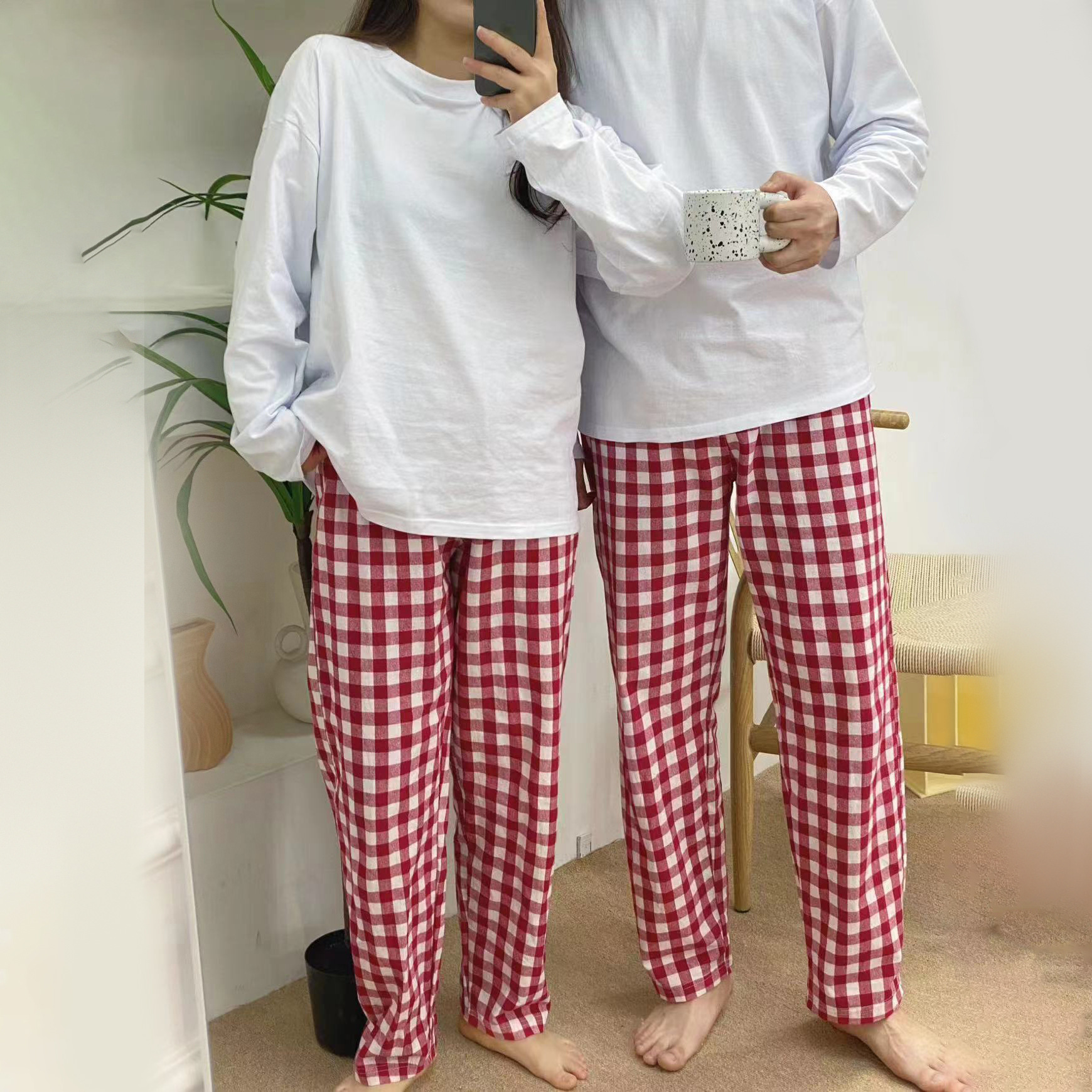 Cross-Border Korean Style Casual Cotton Plaid Suit Home Wear Long-Sleeved Pants Round Neck 2-Piece Set Spring and Autumn Pajamas Versatile