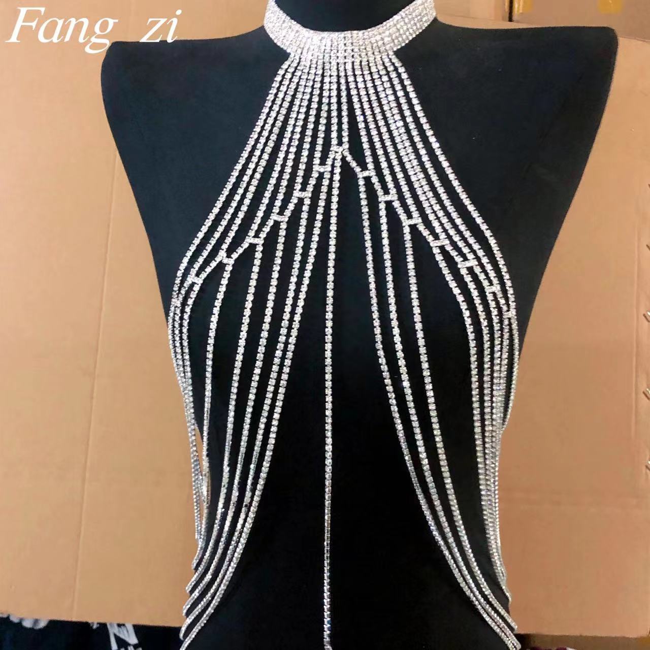 Picture of AliExpress fashion exaggerated long tassel rhinestone chest chain accessories nightclub shiny sexy necklace female body chain