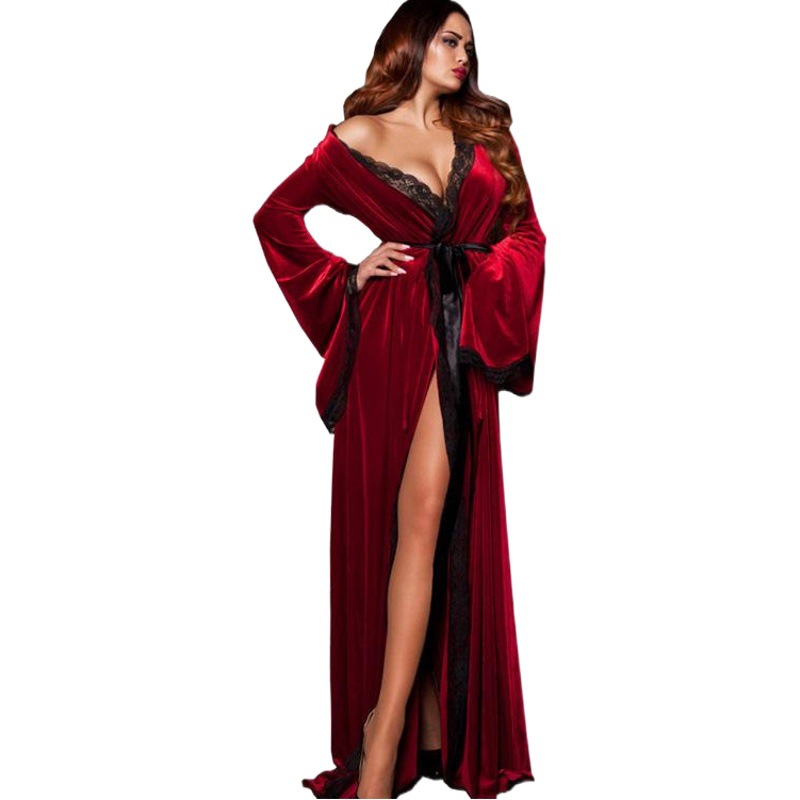 Amazon long gold velvet sexy pajamas women autumn and winter home thick nightgown robe plus size nightgown wholesale