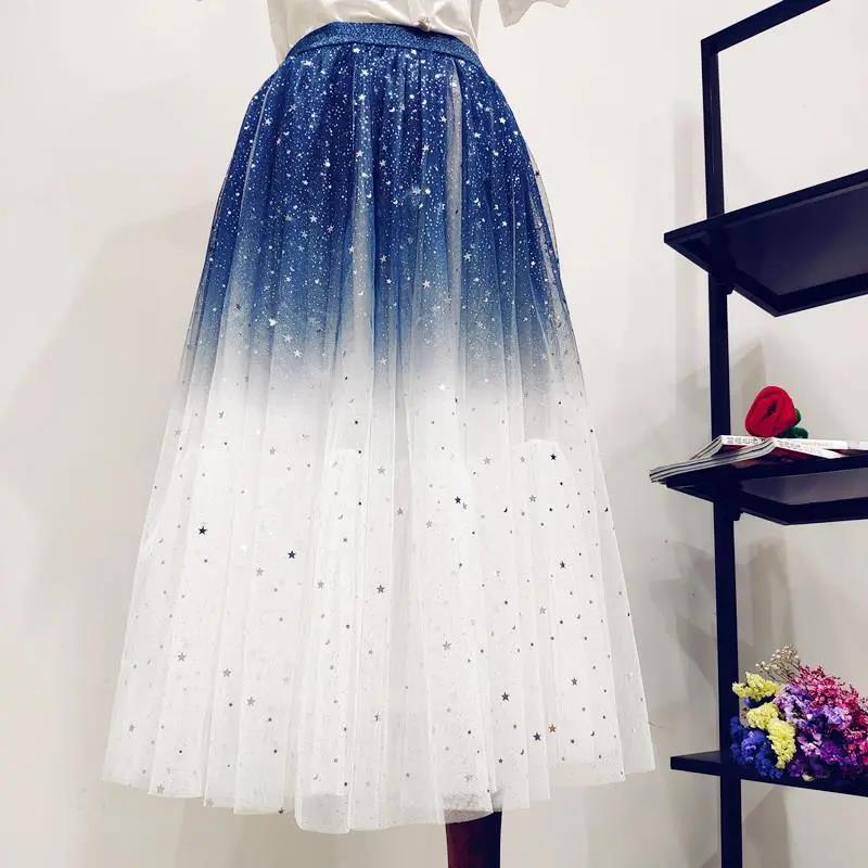 Real shot 2024 star sequins hot silver mesh skirt puffy skirt gradient gauze skirt new high waist skirt