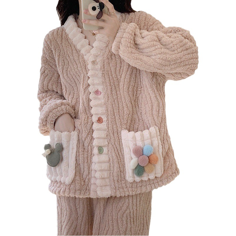 Coral Fleece Pajamas Set Women Winter New Thickened Warm Rainbow Cardigan Warm Home Wear Warm Suit Women