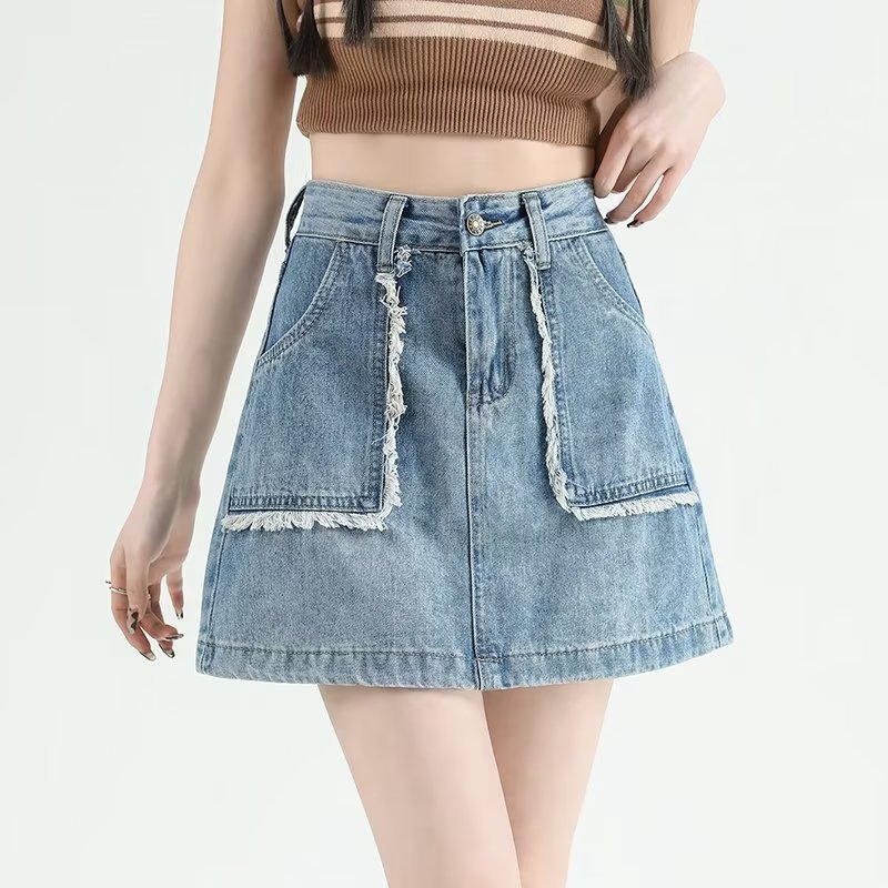 High Waist Denim Skirt Women's Summer 2023 New Arrival Korean Style All-Match Slimming Skirt Burr Edge A- Line Hip Skirt