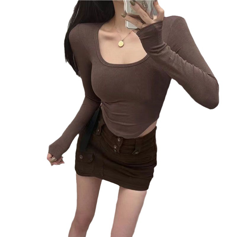 Picture of Pure hot girl round neck shoulder long-sleeved T-shirt women's irregular spring and autumn short top design slimming bottoming shirt