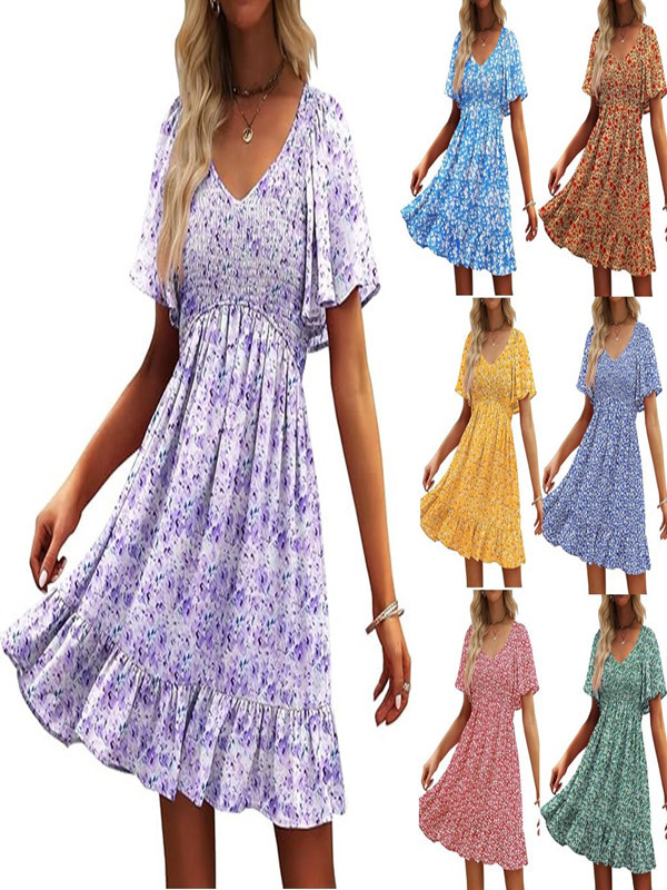 Cross-Border Amazon Aliexpress 2025 Summer Hot Style European and American Floral Pleated V Neck Casual Ruffle Dress