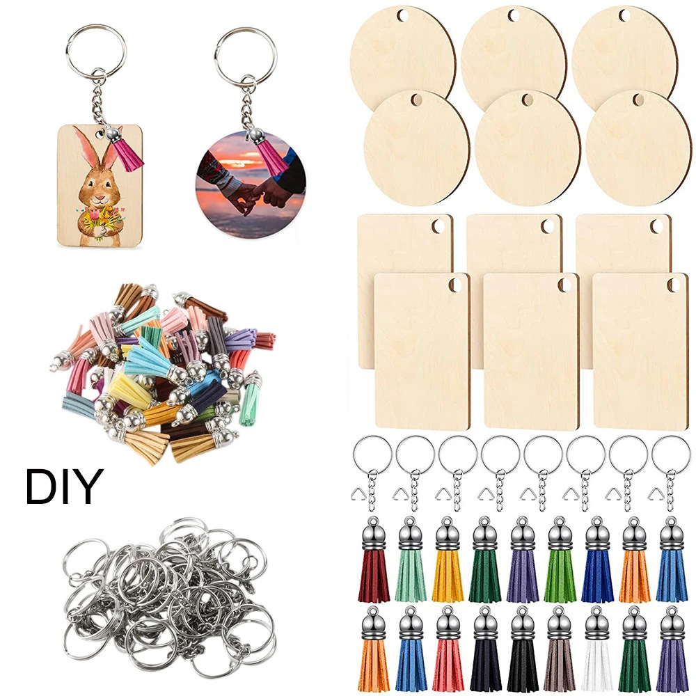 Unfinished wooden key chain ring with velvet tassel decoration DIY craft label hand assembled
