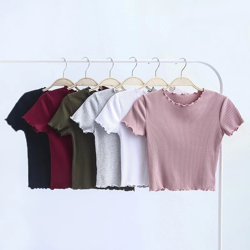 2025 Spring and Summer New European and American Style Fashion Retro Fungus Edge Slim Short Short-Sleeved T-Shirt Tops for Women