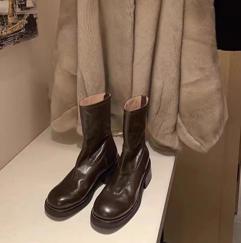 [Shrink horse leather high price] Grape mom's same thick bottom thick heel back zipper thin short boots for women autumn and winter