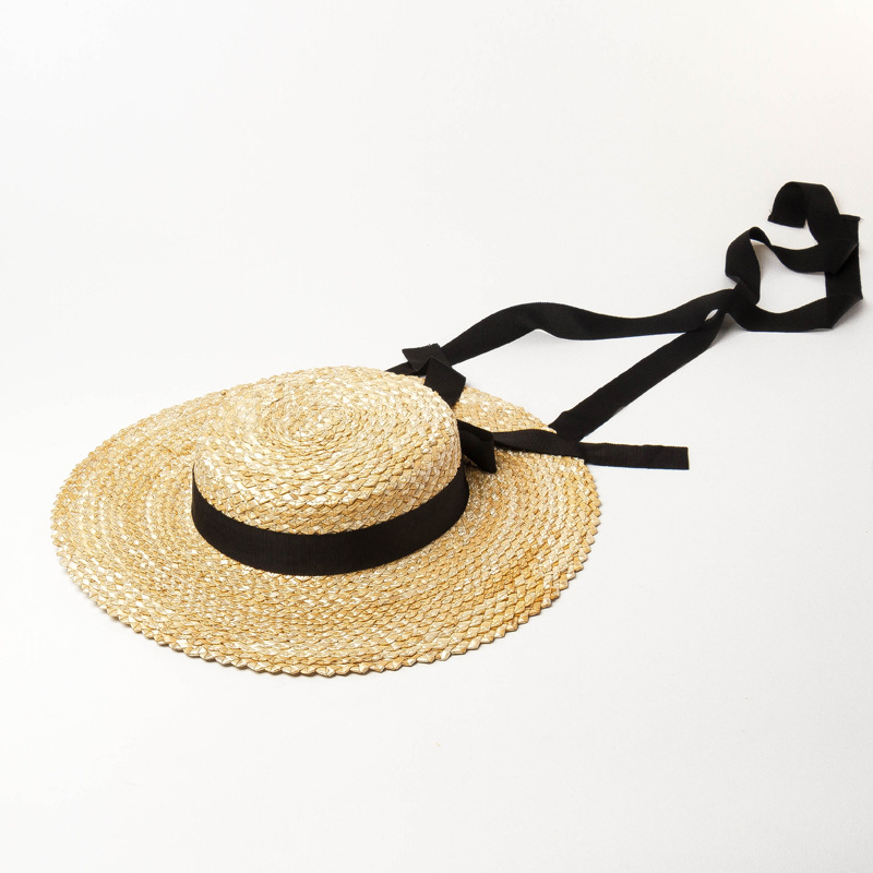 European and American Spring and Summer New Bow Strap Pattern Woven Flat Top Straw Hat Outdoor Travel Beach Straw Hat