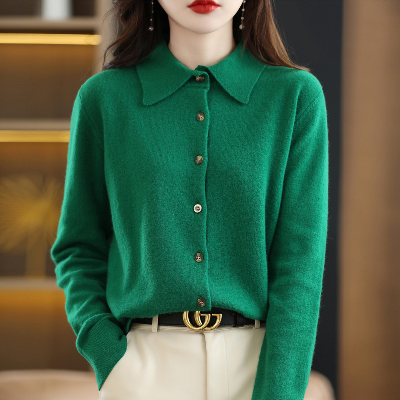 Picture of Spring and Autumn POLO Collar Shirt Women's Outerwear Loose Long-sleeved Sweater Non-cashmere Lapel Knitted Cardigan Top Jacket