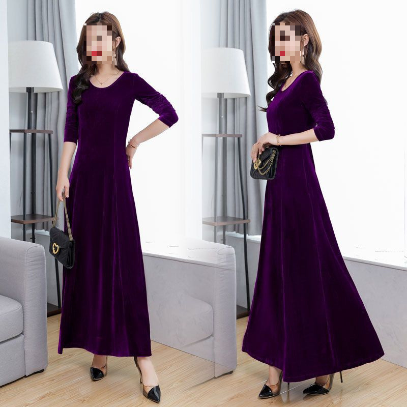 Cross-border Spring Autumn Winter New Arrival Gold Velvet dress Elegant Long Round Neck Long-sleeved Cheongsam plus size Women's Bottoming Trend