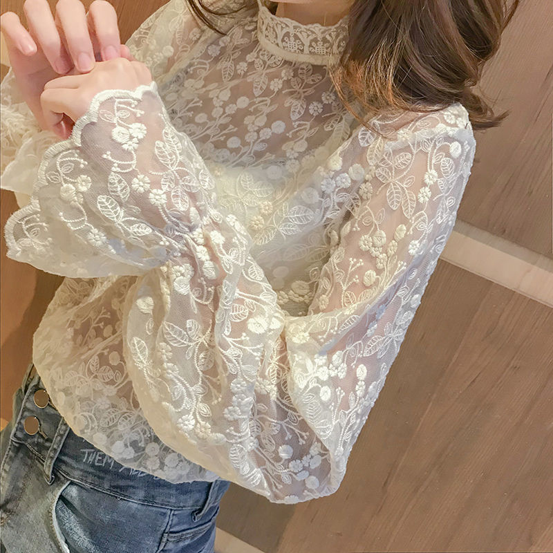 Picture of Velvet/Non-Velvet Lace Shirt for Women in Autumn and Winter New Mesh with Lace Collar Super Fairy Bottoming Top