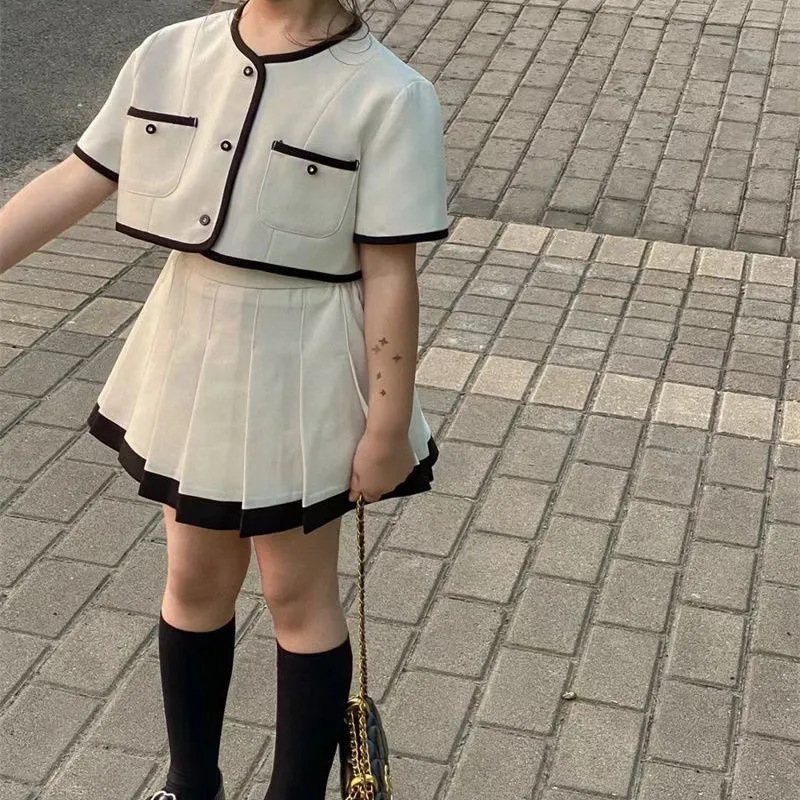 77138 Girls Summer New Style Chanel Style suit Women's Solid Color Two-piece Children's Short-sleeved Top Pleated Skirt