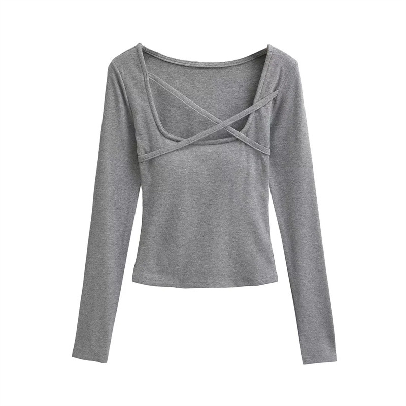 Picture of Ins Spice Girl Square Collar Cross Rope with Chest Pad Long-sleeved T-shirt Autumn New Light Mature Pure Slim-fit Short Base Shirt