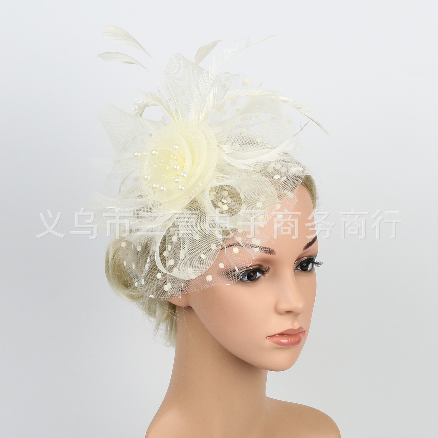 Picture of European and American Popular Amazon Feather Headdress Bridal Hair Accessories Mesh Top Hat Jockey Club Hair Accessories Hairpin Headband