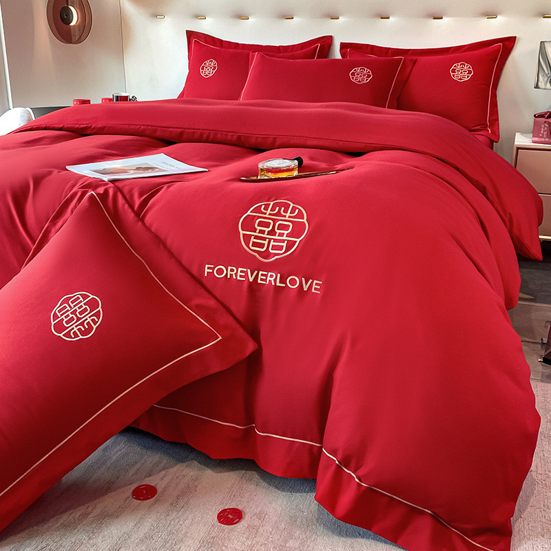 Picture of Wedding washed cotton festive four-piece set Chinese bright red bed sheet high-end embroidered quilt cover wedding room bedding
