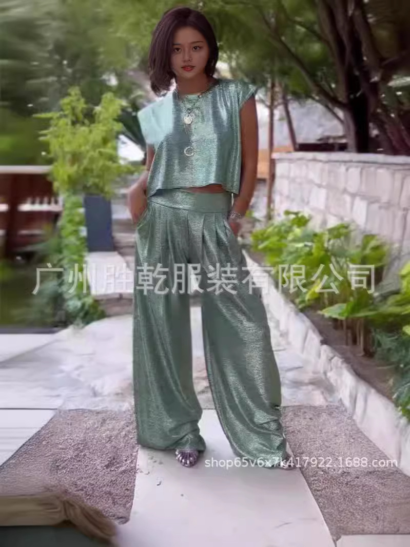 2025 European and American Cross-Border Amazon Export Women's Pure Color Round Neck Fashionable Sports and Leisure Suit Bright Color Two-Piece Set