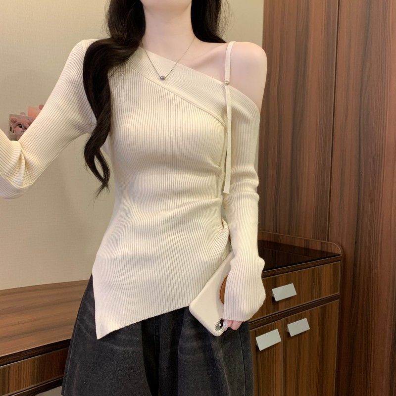 Picture of Bashi red one-line slanted shoulder knitted base jacket women's autumn outfit autumn and winter Angora red boss sweater with top underneath