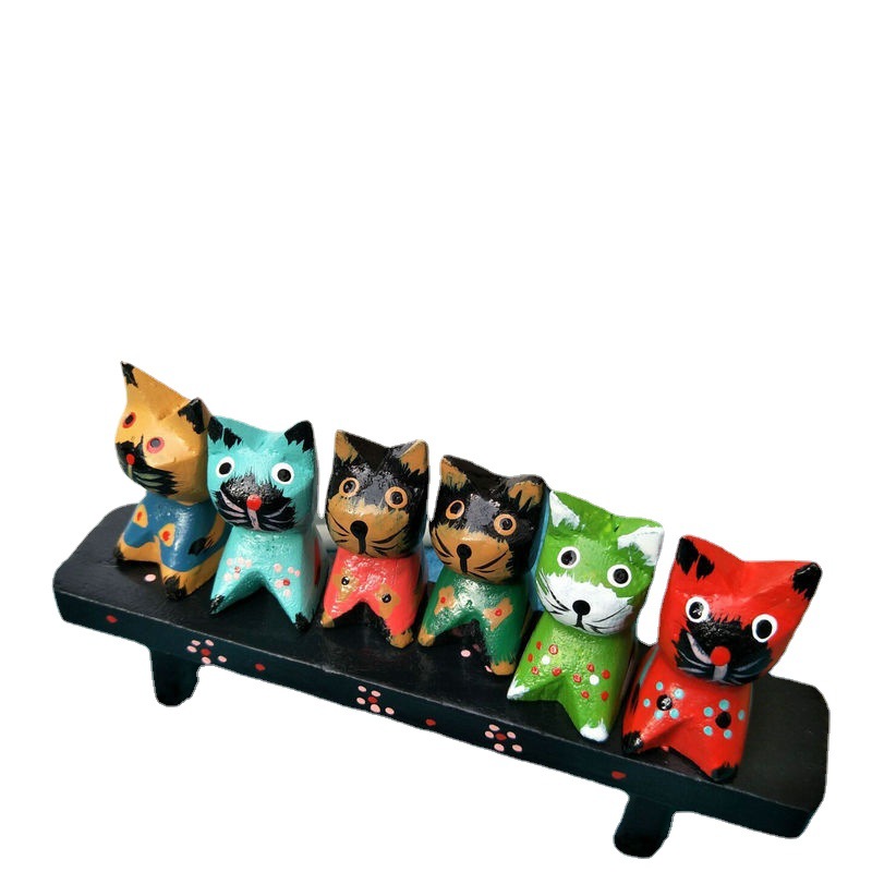 Picture of European Grocery Home Decoration Wooden Home Decoration Log Hand-painted Wood Carving Combination Set Six Kittens Birthday Gift
