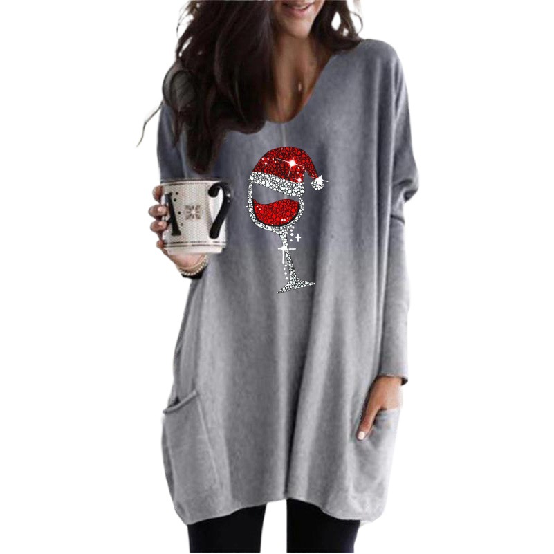 Long-term in stock 2025 autumn and winter European and American wish AliExpress gradient long sleeve Christmas glass printed women's T-shirt