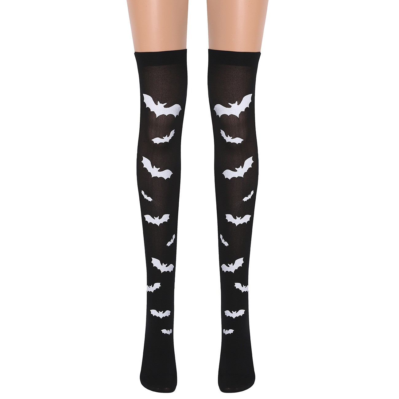 Women White Bat Pattern Halloween Socks Over the Knee Stockings Black Halloween Stockings