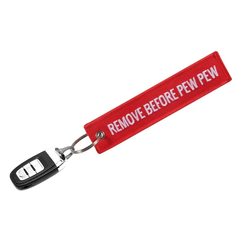 Amazon hot sale in stock supply red REMOVE BEFORE PEW PEW embroidery keychain
