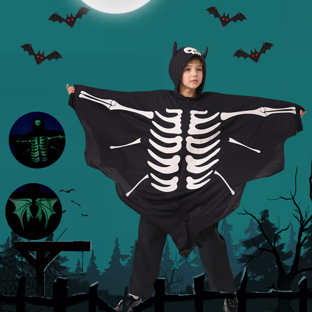 Cross-Border New Halloween Costume Kidsren's Luminous Ghost Bat Cloak Cloak Holiday Party Performance Cos Clothing