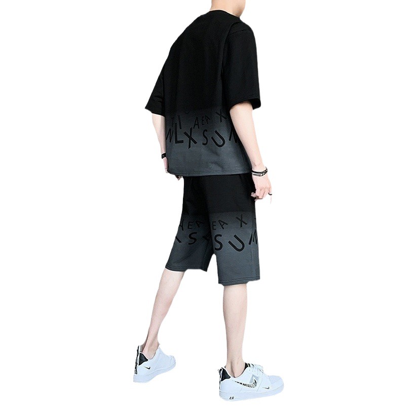 Summer New Hong Kong-style Men's Short Suit Top Half-sleeve Half-length Pants Gradient Fashion Casual Trendy suit Two-piece