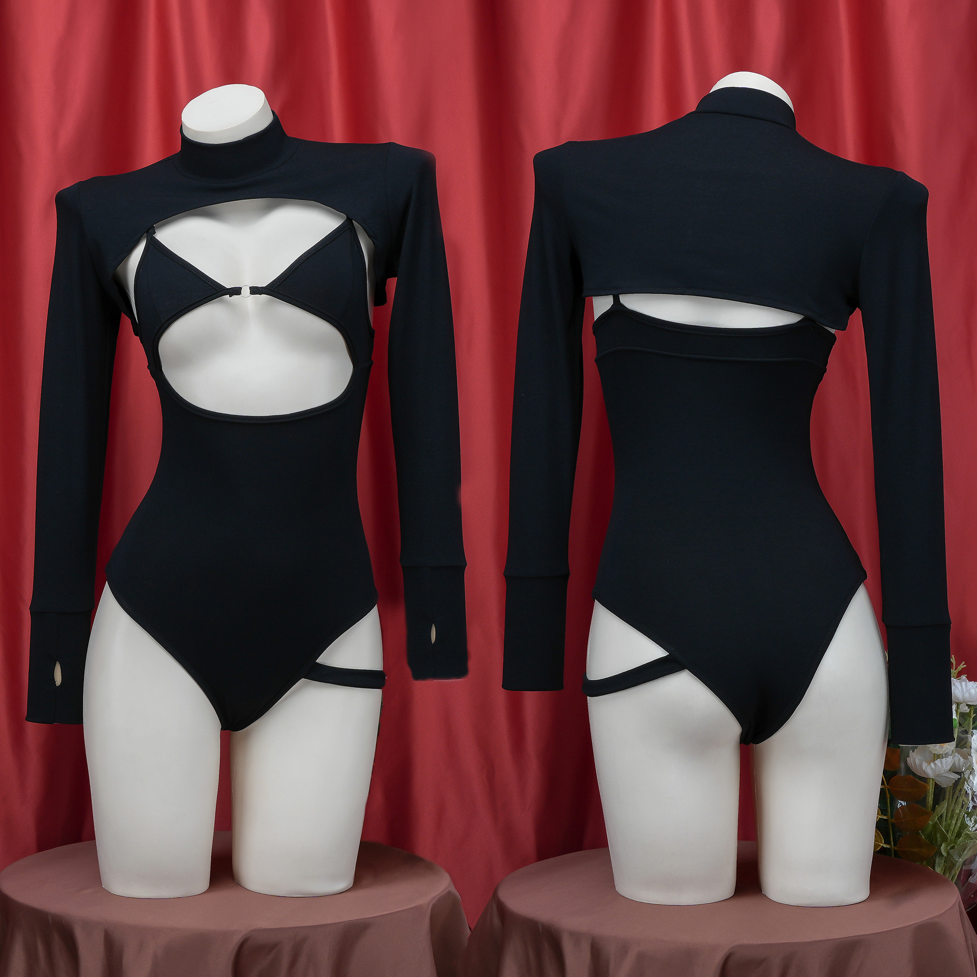 Sexy lingerie sexy open chest strap swimsuit hot girl sling jumpsuit long sleeve blouse two-piece set female C2055