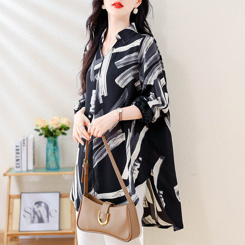 Real Shot of 2025 New Autum Loose Long-Sleeved Fashionable Flesh-Covering Versatile Shirt Printed Mid-Length Shirt for Women