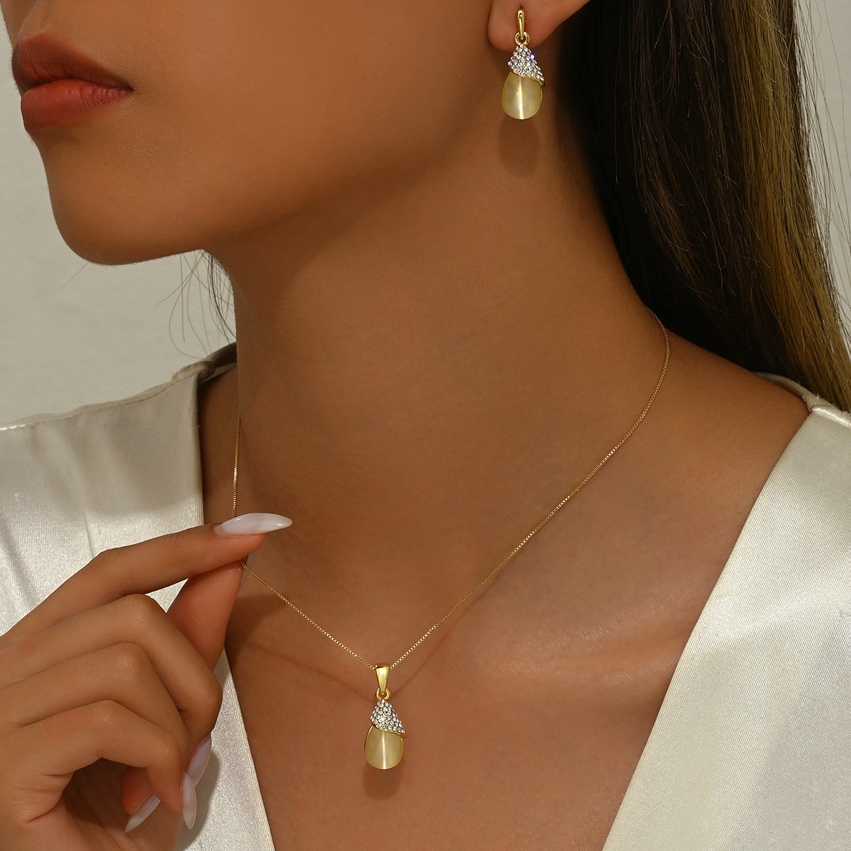 TEMU explosions simple geometric opal rose gold gift trendy necklace earrings suit