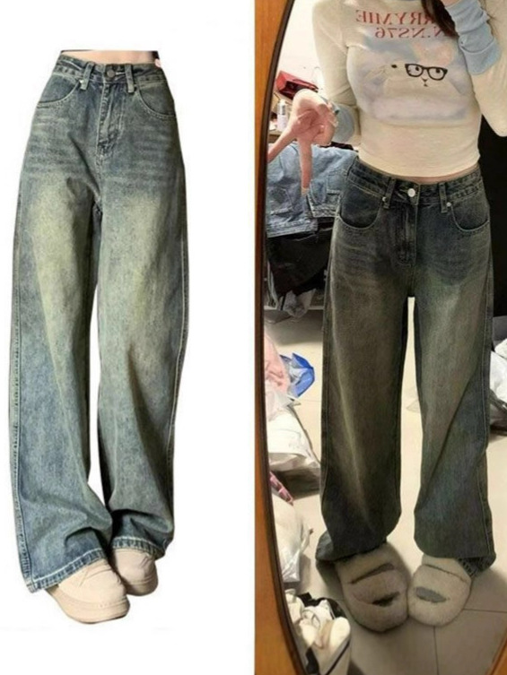 Pear-shaped figure American retro jeans women's summer 2025 plus-size high-waisted fat mm slimming versatile straight-leg trousers