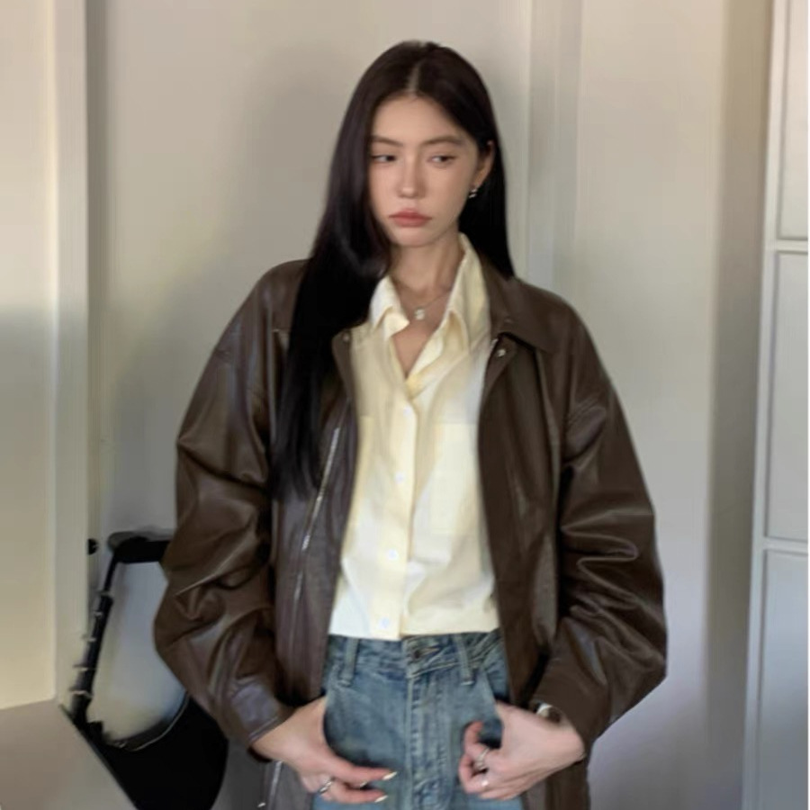 Picture of American Retro Brown Motorcycle Leather Tops Women's 2023 Autumn New Korean Style Leather Tops Top Cross-Border Wholesale