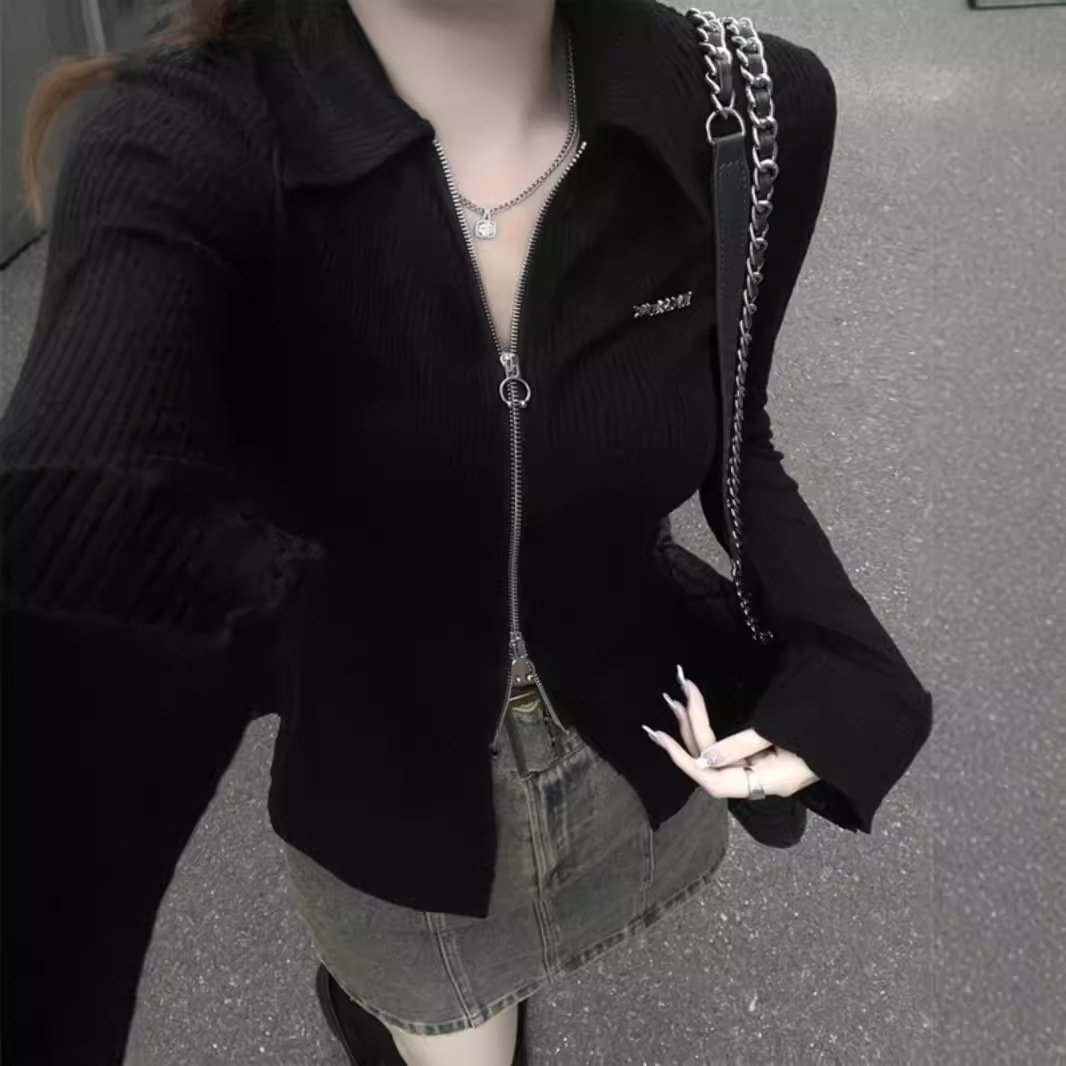 Spring and Autumn Pure Desire Slim Design Sense Niche Zipper Hot Girl Top Women's Collar Slimming Elegant Long Sleeve T-Shirt