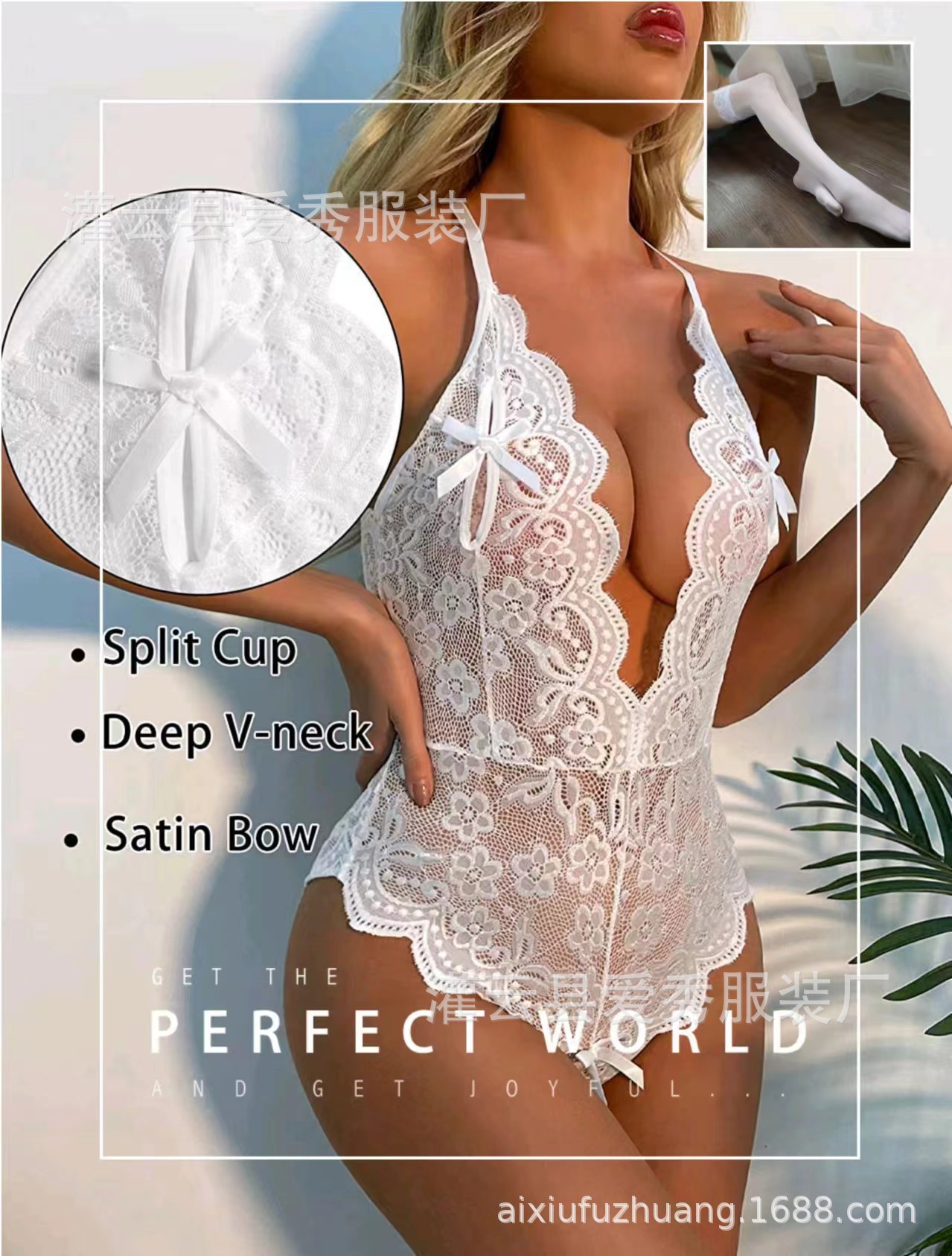 Picture of Europe and the United States cross-border sexy lace sexy pajamas conjoined crotch free tease chubby girl passion midnight lace sexy