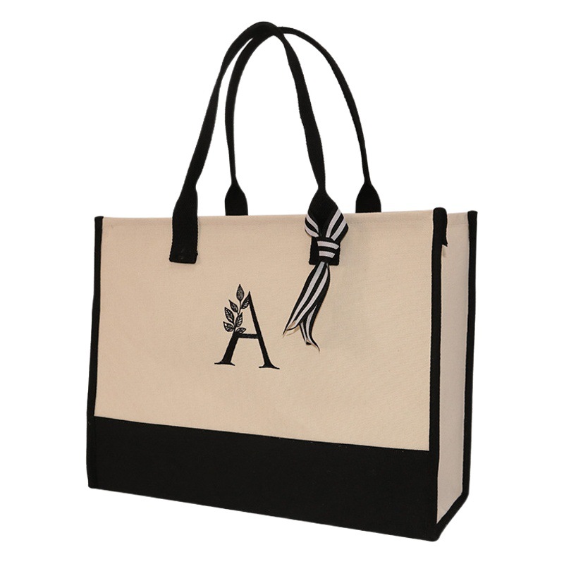 Amazon spot wholesale cross-border letter bag embroidery simple modern beach bag portable coated canvas tote bag