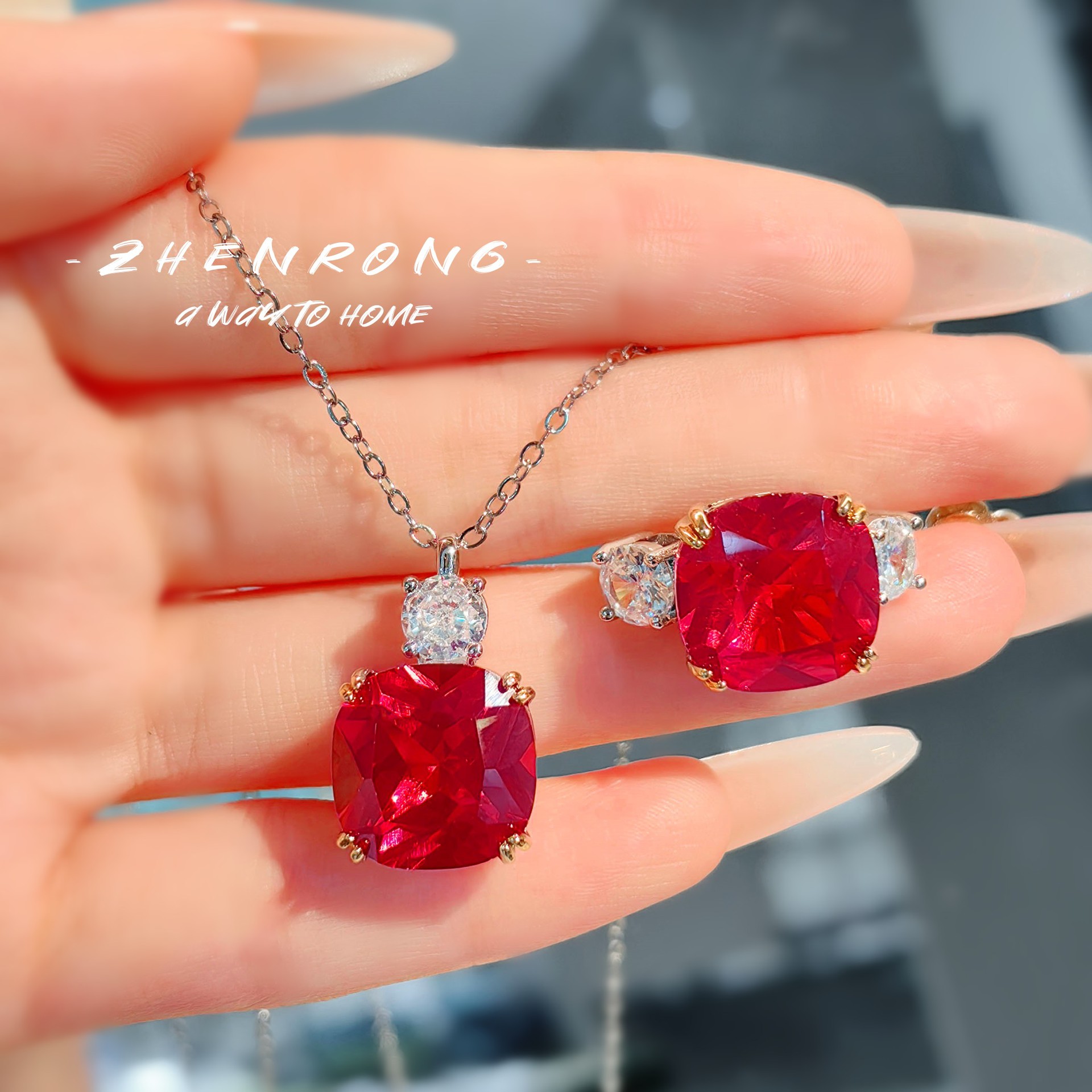 Fashion Entry Luxury Red Corundum suit High Carbon Diamond Morganite Pendant Ice Flower Choppa Palacha Sunset Orange Ring for Women
