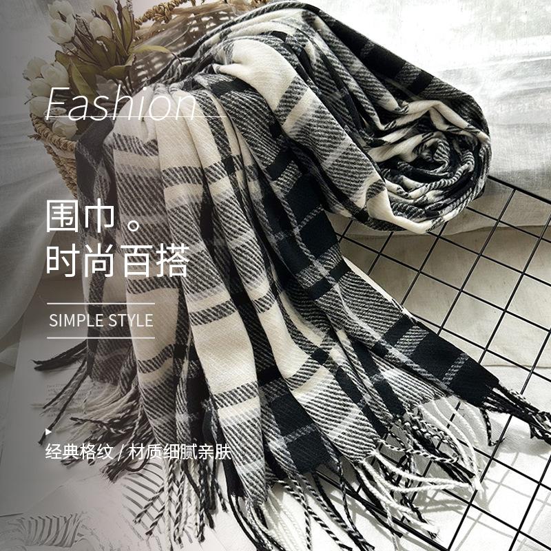 Picture of New Black and White Plaid Scarf Women's Korean Style Winter Warm All-match Imitation Cashmere Scarf Shawl High-end Couple Scarf