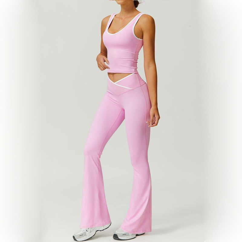 Sports suit Women's Slim-fit Slimming Pilates Fitness Running Naked Yoga Clothing Vest Cross V Waist Flared Pants