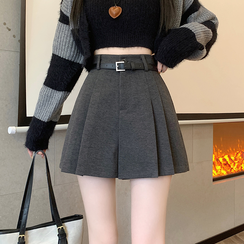 brown Pleated Woolen Shorts Women's 2024 New Autumn and Winter Outer Wear Boots Pants High Waist A- Shaped Wide Leg Casual Pants Skirt