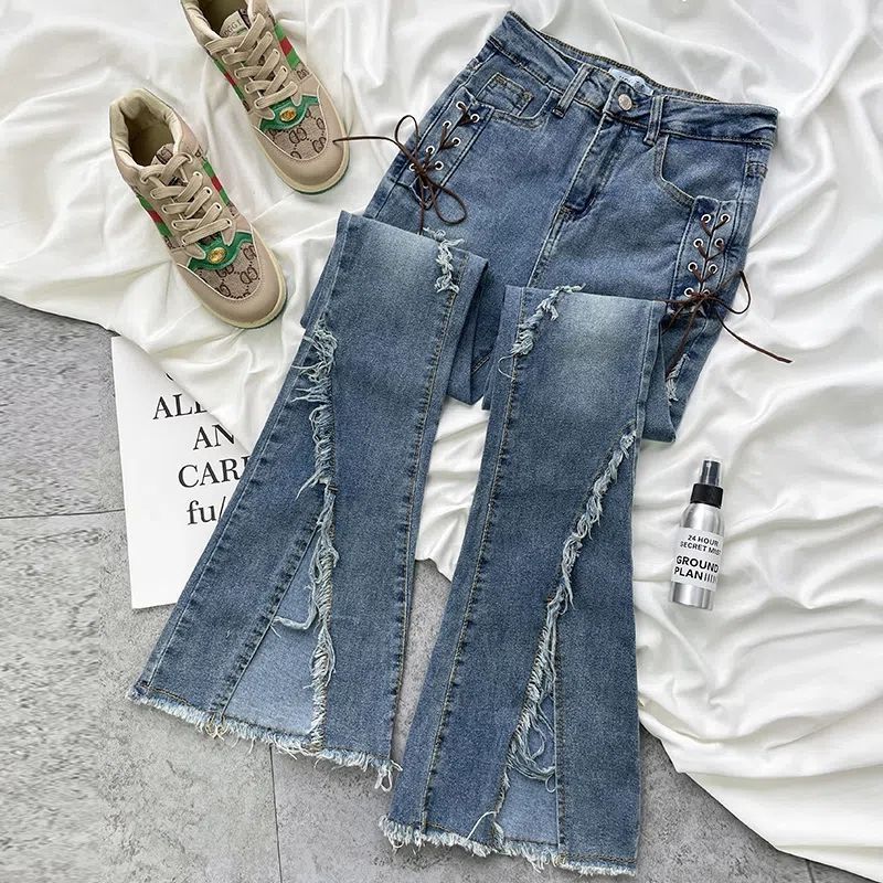 Cross-border retro split frayed lace-up jeans women's spring and autumn slim elastic high waist slimming micro flared pants