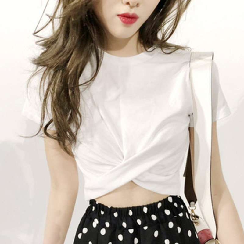 Short T-shirt Women's Summer Korean Fashion Small-sized High Waist Short-sleeved T-shirt Navel-exposed Slim-looking Base Inner Top Clothes