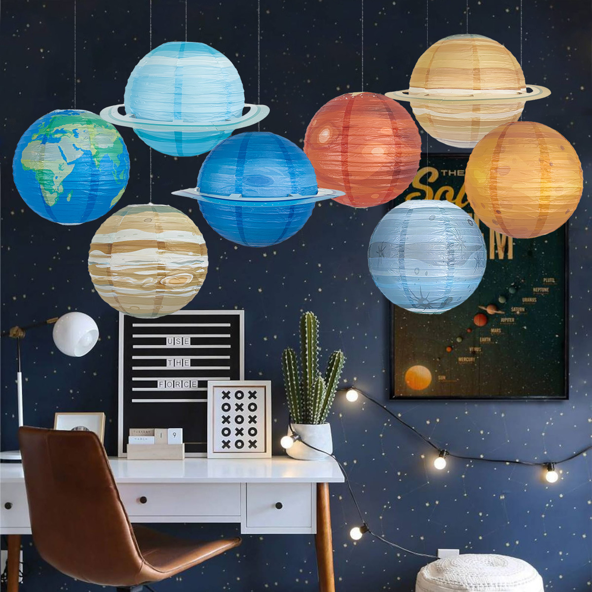 Picture of Starry Sky Paper Lantern Kindergarten Children's Birthday Party Theme Decoration Supplies Folding DIY Round Planet Lantern
