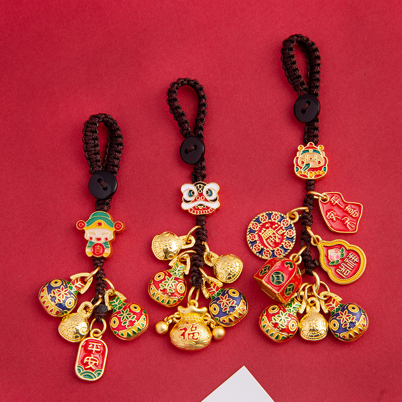 Key chain gold-plated God of Wealth family three-mouth four-mouth gold beast ancient gold ornaments car key chain pendant