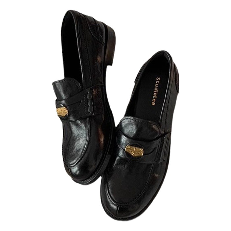 Grape mom's same London letter ~ round toe small gold coin lazy British style genuine leather loafers women's small leather shoes