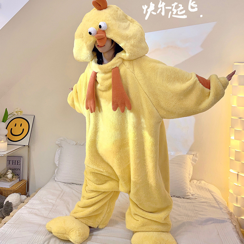 One-Piece Pajamas Autumn and Winter Coral Fleece Cute Funny Female Cartoon Chicken Sleeping Bag Sand Carving Girlfriend Home Clothes Men's Long Sleeve