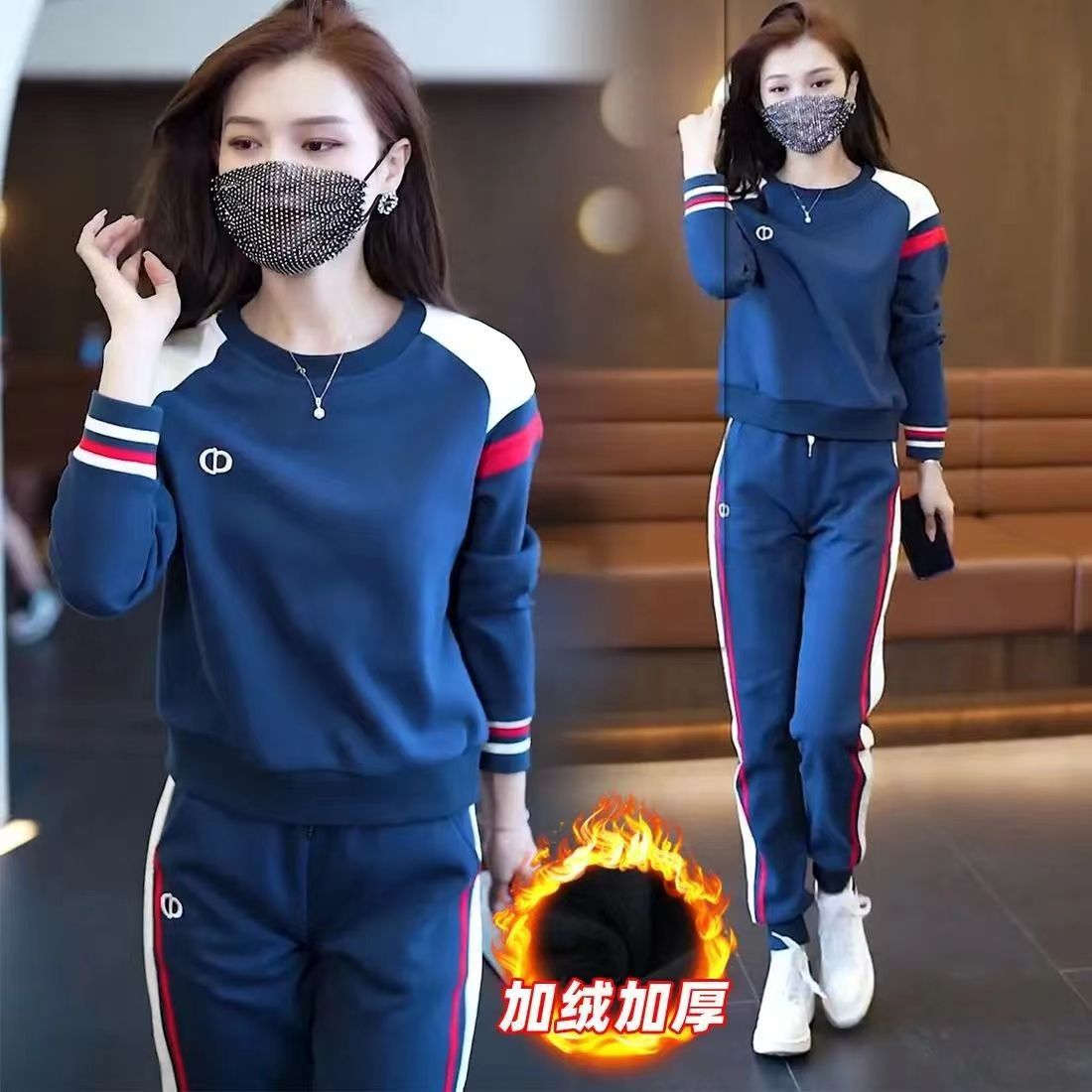 Fleece-lined thickened sportswear suit women's 2022 autumn and winter new casual round neck sweater loose slimming two-piece set