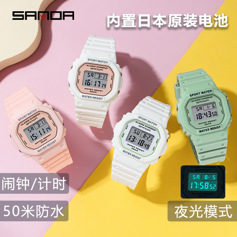 Sanda brand multifunctional sports watch fashion square waterproof luminous electronic form display student watch wholesale