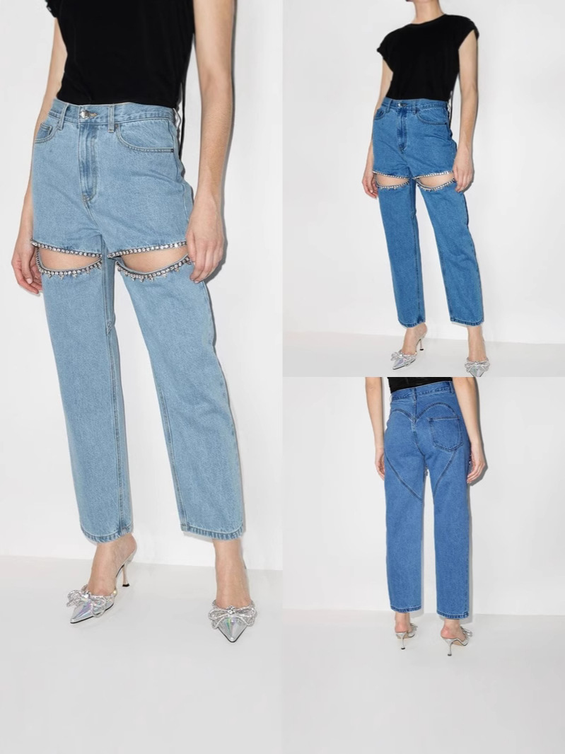 Fashion Niche Diamond-studded Beaded Design Spring New High Waist Straight Long Thigh Hollow Jeans for Women