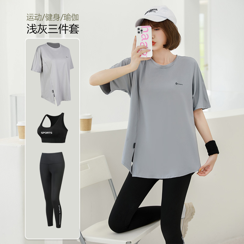 Picture of Running suit Women's Summer Outdoor Morning Running Sports Long-sleeved Three-piece Set Loose plus size Yoga Fitness Suit for Beginners