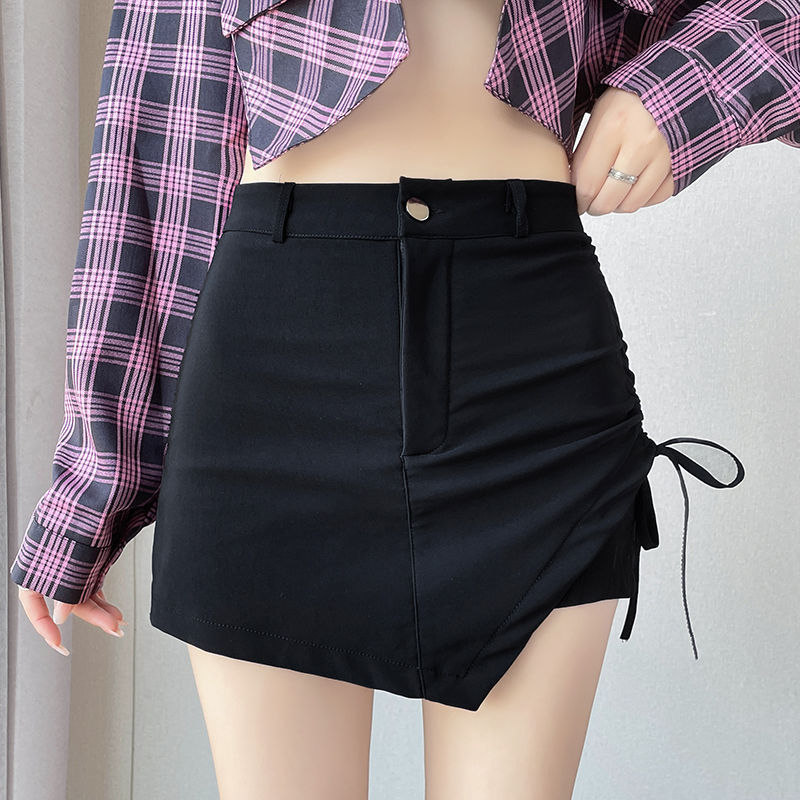 Irregular Drawstring Black Skirt Spring and Summer Spice Girls High Waist A- Line Suit Skirt chubby girl Slimming Hip Skirt Trendy